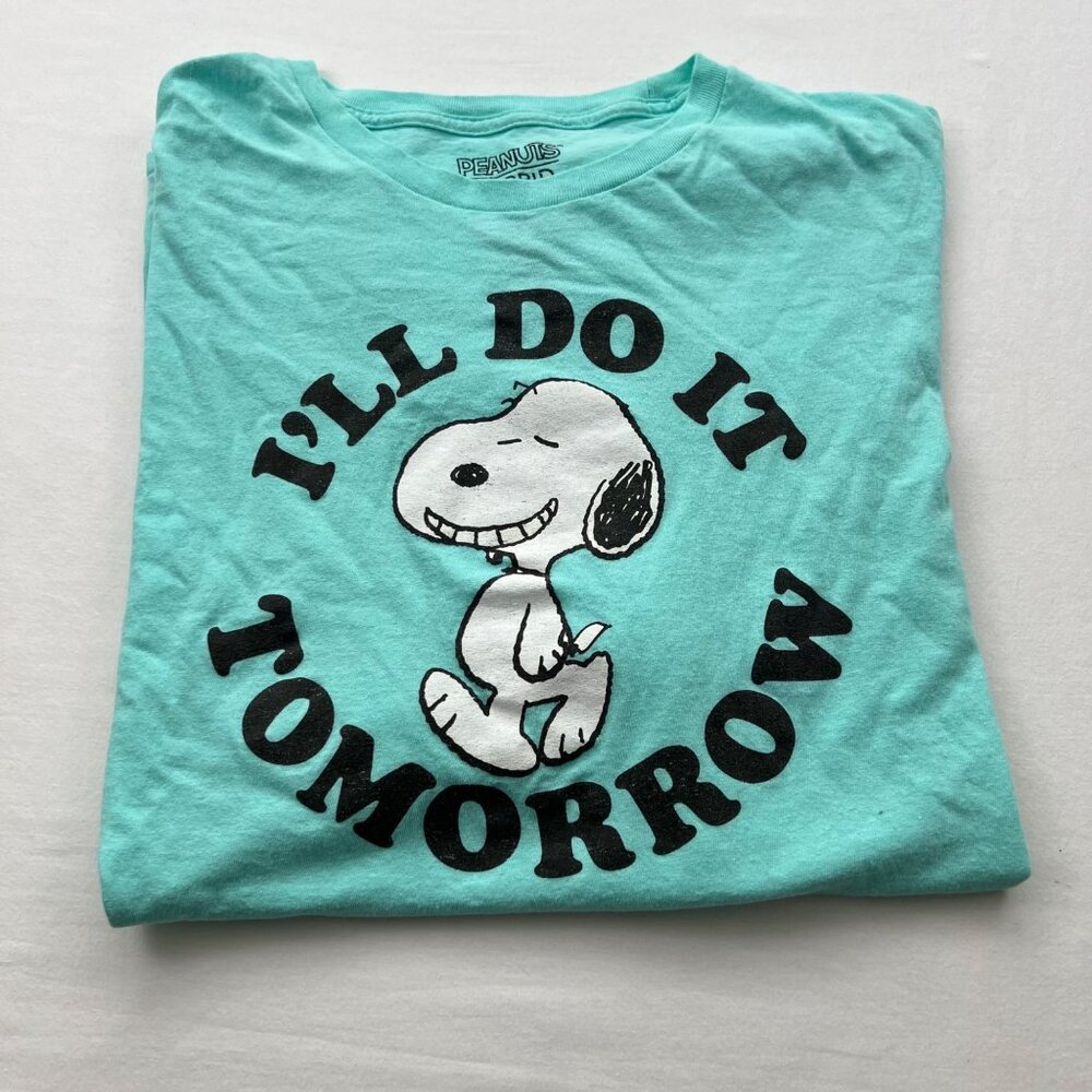 Peanuts Snoopy Hybrid "Ill Do It Tomorrow" Graphic T-Shirt 2XL Teal Short Sleeve